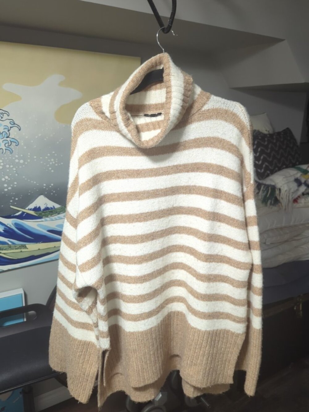 Buffalo Jeans Pullover Cowl Neck Sweater Ladies Large Striped Brown Ivory White